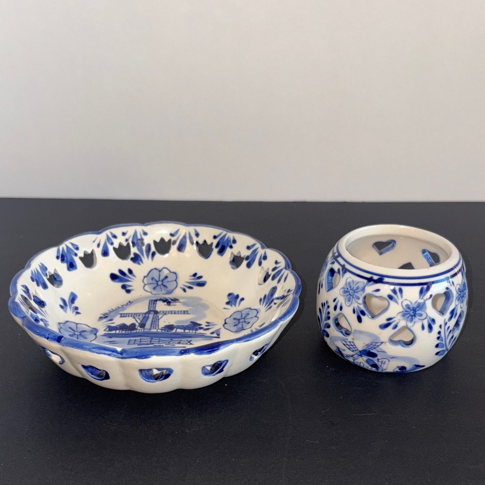 Delft Holland Floral Blue White Ceramic Tealight Holder Trinket Dish Windmills